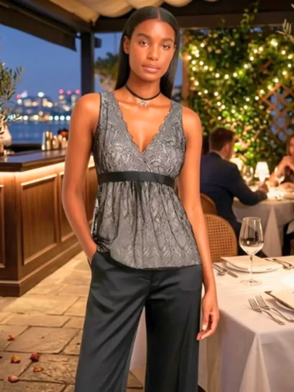 NEW YORK & COMPANY Black Ivory Lace Babydoll Top – Sleeveless Chic Layer, S